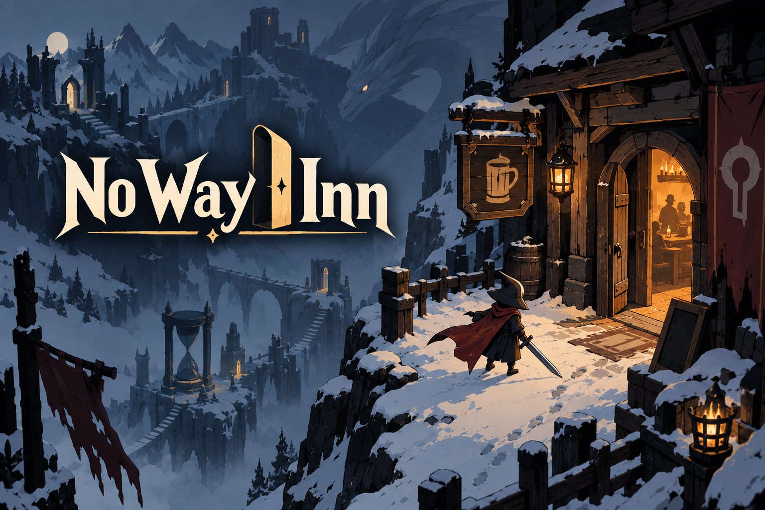 No Way Inn key art: a cloaked adventurer with a sword approaches a snow-covered inn glowing at the edge of a cliff, a dragon coiled in the mountains behind.
